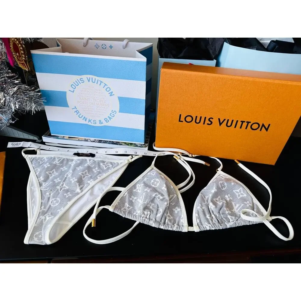 Louis Vuitton Gray White Monogram Triangle Bikini Set Top 38 Bottom 36 Small LTD